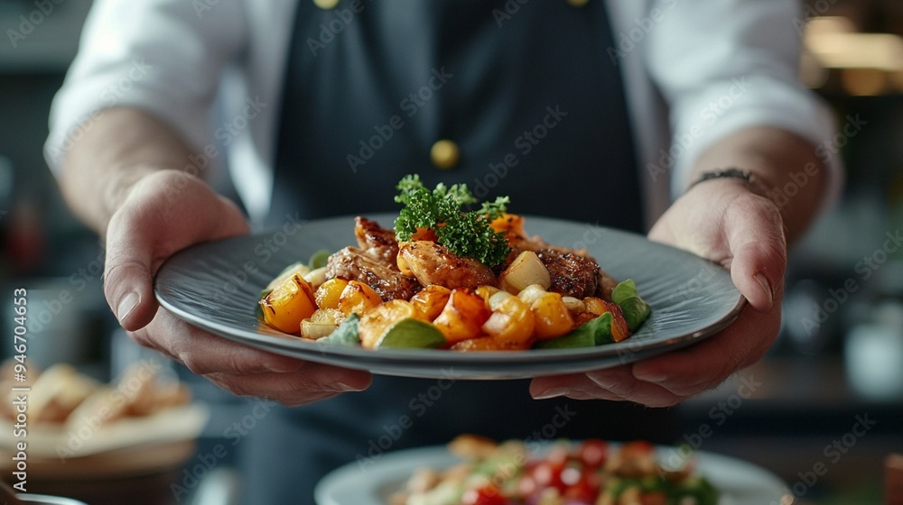 Gourmet Dish Presented by a Waiter in a Restaurant Gourmet Dish Presented by a Waiter in a Restaurant