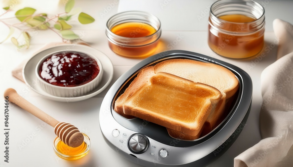 Jam honey and bread for breakfast. Generated image Jam honey and bread for breakfast. Generated image