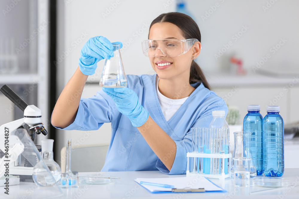 Fototapeta premium Young female scientist in safety goggles and gloves holding erlenmeyer flask with liquid in laboratory