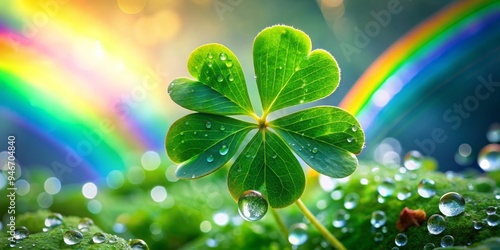 Four-Leaf Clover with Dew Drops under a Rainbow, Nature, Lucky Charm, Ireland photo