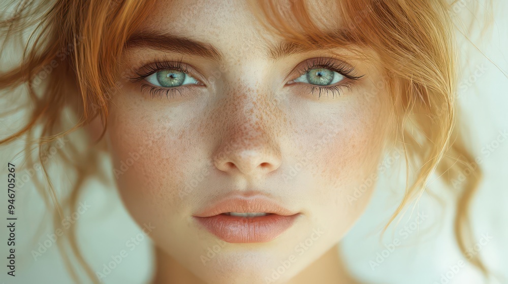 ethereal closeup portrait of young woman with delicate freckles soft diffused lighting enhances natural beauty neutral background focuses attention on unique facial features ethereal closeup portrait of young woman with delicate freckles soft diffused lighting enhances natural beauty neutral background focuses attention on unique facial features