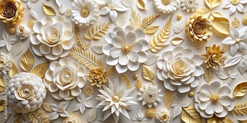 Golden and White Paper Flowers, Paper Flowers, 3D Flowers, Floral Art