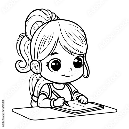 Coloring page for kids, a cute cartoon girl doing homework at her desk with white background.