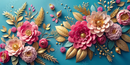 Golden Floral Arrangement with Pink Paper Flowers, Blue Background, 3D Rendering, Gold Leaves, Papercraft, Flowers, Floral Design