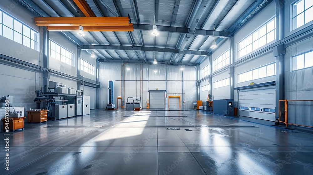 Large empty warehouse naturally lit by sunlight from the windows. Industrial infrastructure facility. Industrial infrastructure facility. Modern storehouse. Illustration for advertising, presentation. Large empty warehouse naturally lit by sunlight from the windows. Industrial infrastructure facility. Industrial infrastructure facility. Modern storehouse. Illustration for advertising, presentation.