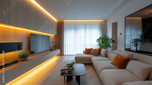 accent lighting, modern living room decor is elevated with elegant sleek led strip lights installed under the cabinets photo