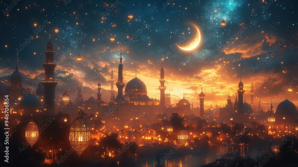 ethereal mosque silhouette crescent moon starry night sky glowing lanterns intricate islamic patterns ramadan atmosphere ethereal mosque silhouette crescent moon starry night sky glowing lanterns intricate islamic patterns ramadan atmosphere