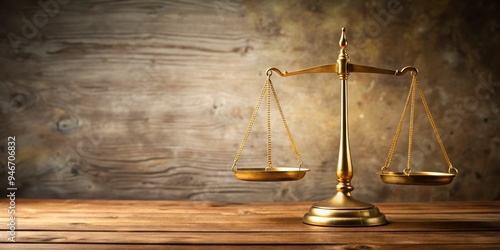 Golden Scales of Justice on Wooden Table, Law, Balance, Justice photo