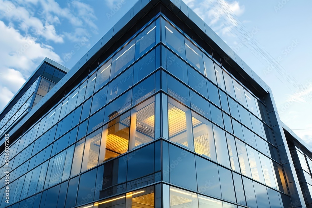 A sleek, modern office building with reflective glass windows A sleek, modern office building with reflective glass windows
