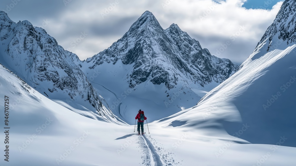 Winter hiking adventure in a snowy mountain landscape during daylight with towering peaks in the background Winter hiking adventure in a snowy mountain landscape during daylight with towering peaks in the background