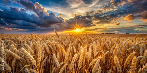 Golden Wheat Field at Sunset with Dramatic Clouds, Landscape Photography, Golden Hour, Nature, Agriculture, Wheat, Field photo