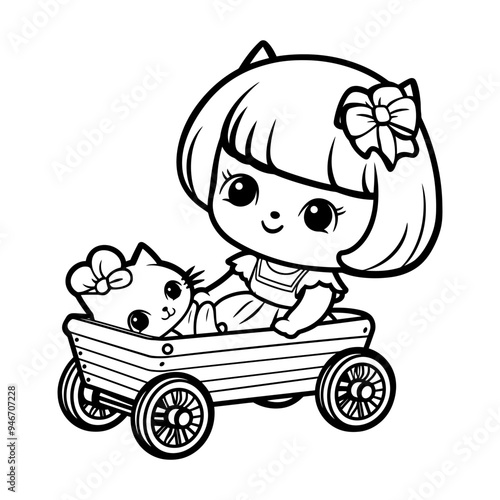 A cute girl riding on a wagon Coloring page for kids, a cartoon style and kawaii art on white background