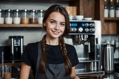 Portrait of a Barista girl. A barista girl at her workplace