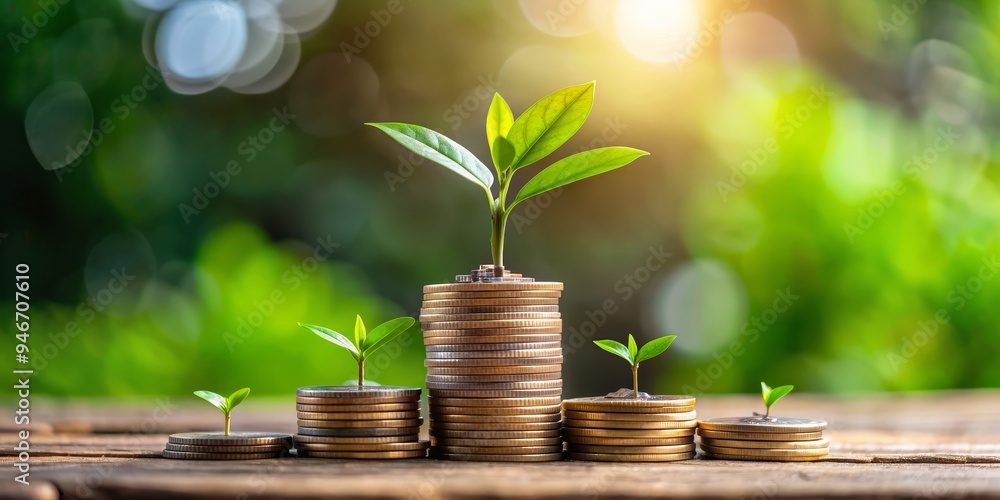 Green Shoots of Growth on a Stack of Coins, Financial Growth, Investment, Success, Nature Green Shoots of Growth on a Stack of Coins, Financial Growth, Investment, Success, Nature