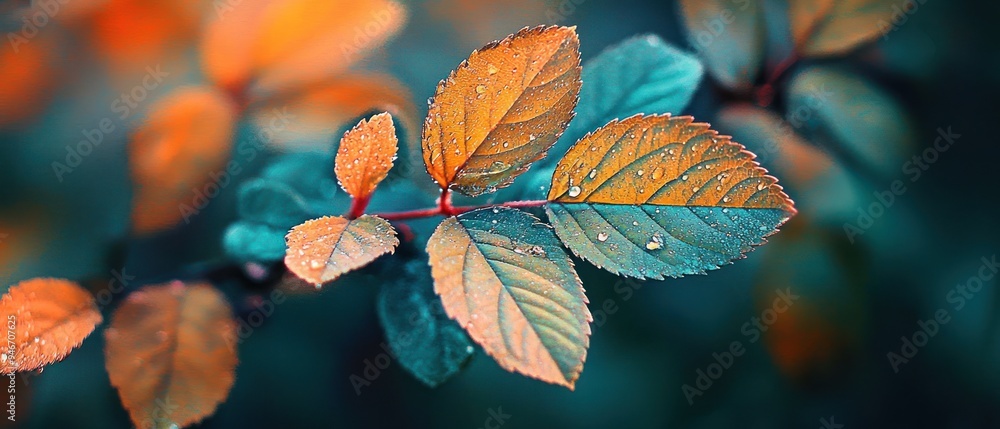 Dew-Covered Autumn Leaves on a Branch Dew-Covered Autumn Leaves on a Branch