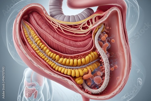 Highly Detailed 3D Visualization of Human Stomach Anatomy with Intricate Mucous Membrane Rugae Digestive Glands and Microbial Environments in Vibrant Colors and Advanced Medical Imaging Technology photo