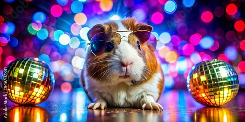 Guinea Pig Disco Fever Cool Pose with Mirror Balls, disco ball, party animal, guinea pig photo