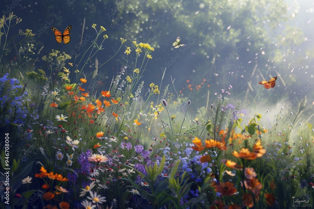 A sun-drenched meadow bursting with wildflowers, with butterflies fluttering in the breeze A sun-drenched meadow bursting with wildflowers, with butterflies fluttering in the breeze