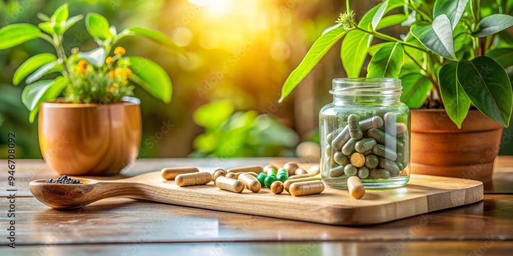 Herbal Supplements in Glass Jar with Green Plants, Wooden Cutting Board, Natural Remedy, Healthy Lifestyle , Supplements , Wellness , Natural Herbal Supplements in Glass Jar with Green Plants, Wooden Cutting Board, Natural Remedy, Healthy Lifestyle , Supplements , Wellness , Natural