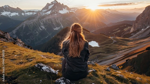 Back view of a man sitting on a mountain ridge. The serene hiker has reached his goal. Beautiful scenery from a height. Active lifestyle. Illustration for cover, postcard, interior design, etc.