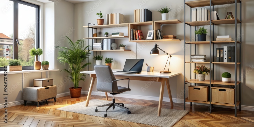 Home Office with Wooden Desk and Shelves, Laptop, Desk Lamp, Plants, 3D Rendering, White Wall, Wood Floor Home Office with Wooden Desk and Shelves, Laptop, Desk Lamp, Plants, 3D Rendering, White Wall, Wood Floor