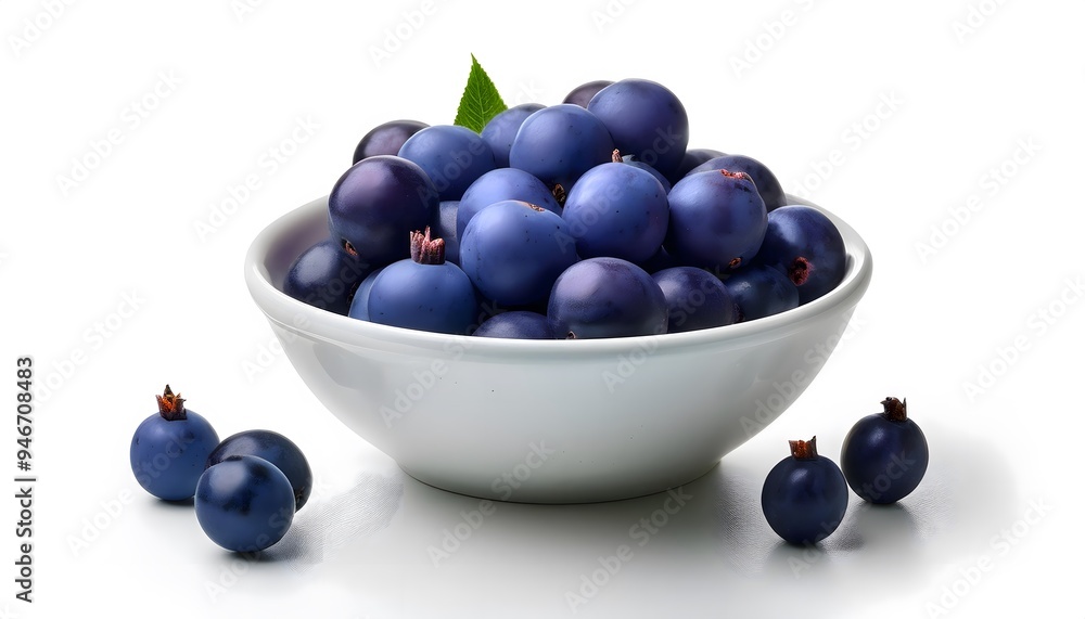 An isolated image of saskatoon berries in a small ceramic bowl on a white background An isolated image of saskatoon berries in a small ceramic bowl on a white background