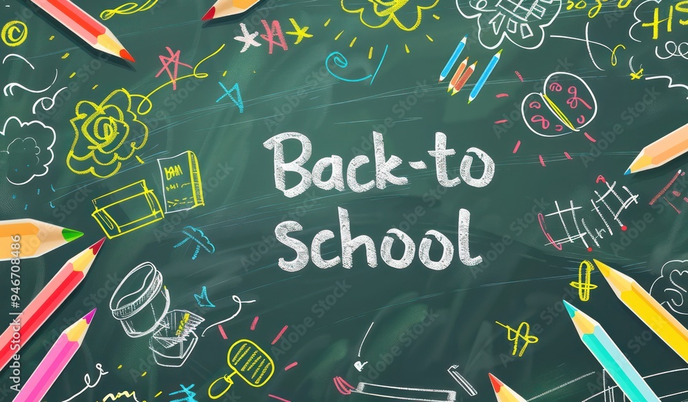 Light green blackboard with colorful chalk and pencil doodles, Back-to-school in flat lay style for a playful vector banner Light green blackboard with colorful chalk and pencil doodles, Back-to-school in flat lay style for a playful vector banner