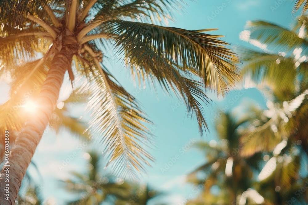 Fototapeta premium Palm tree leaves in the sun. Perfect for summer vacation backgrounds or tropical designs.