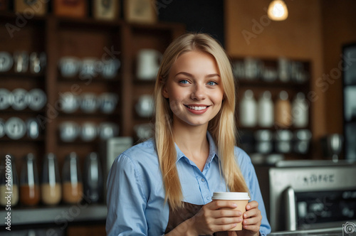 Portrait of a Barista girl. A barista girl at her workplace