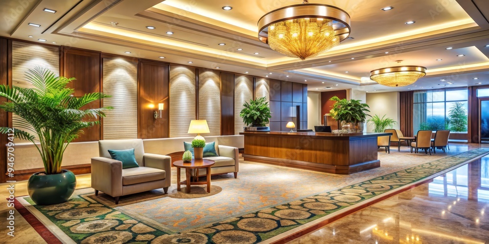 Obraz premium Luxurious Hotel Lobby Interior with Chandelier and Seating Area, hotel lobby, interior design, luxury