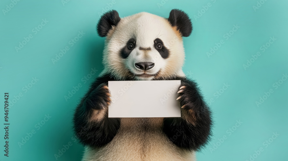 A panda bear isolated on a mint background holding a rectangular mockup piece of paper. A panda bear isolated on a mint background holding a rectangular mockup piece of paper.