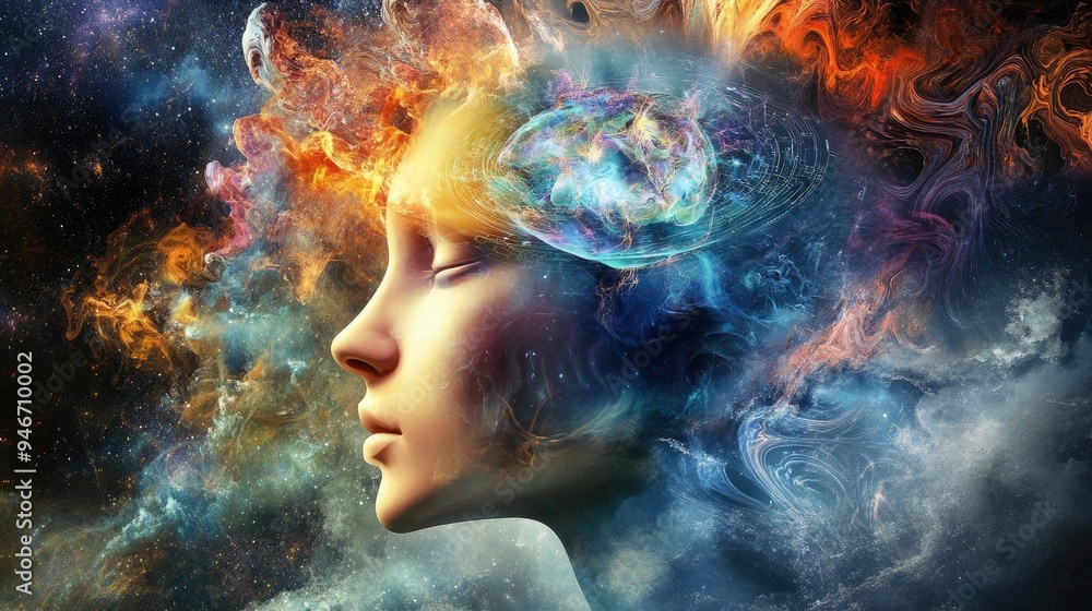 Composition of a human head with symbolic elements representing the themes of mind consciousness imagination science and creativity Composition of a human head with symbolic elements representing the themes of mind consciousness imagination science and creativity