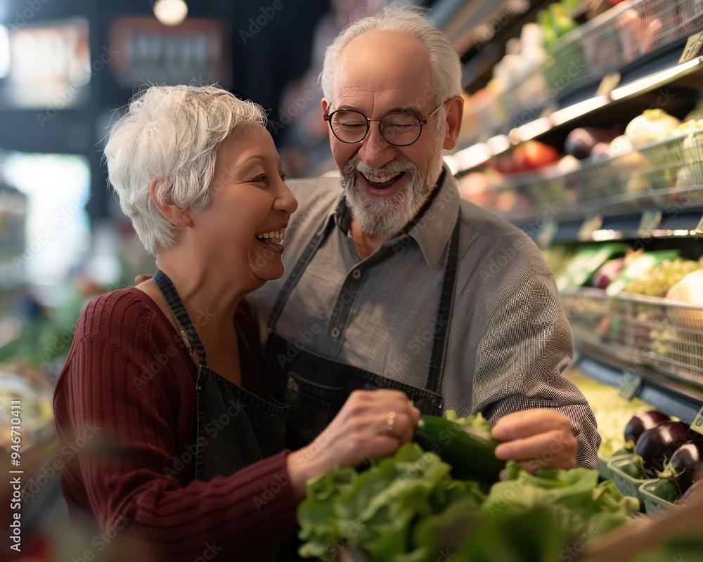 Smiling senior couple, picking vegetables in grocery store, laughing together, realistic photo, 8k quality. Smiling senior couple, picking vegetables in grocery store, laughing together, realistic photo, 8k quality.