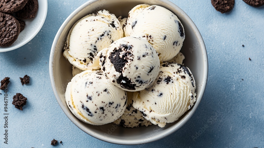 A bowl of cookies and cream ice cream, surrounded by cookie pieces. A bowl of cookies and cream ice cream, surrounded by cookie pieces.