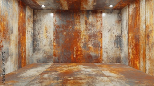 Abstract interior featuring sheets of rusted metal Architectural backdrop in a 3D illustration and rendering photo