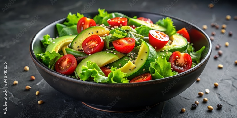 Fresh Avocado and Cherry Salad in Black Bowl, Salad Recipe, Avocado Salad, Healthy Food, Cherry Tomato Fresh Avocado and Cherry Salad in Black Bowl, Salad Recipe, Avocado Salad, Healthy Food, Cherry Tomato
