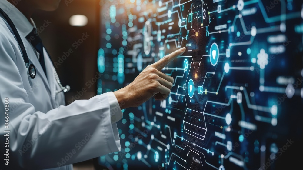 Doctor interacting with futuristic digital interface. Doctor interacting with futuristic digital interface.