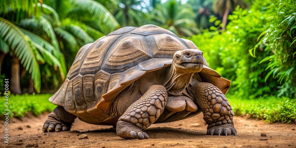 Naklejka premium Giant Tortoise Walking Through Lush Tropical Foliage, Giant Tortoise, Seychelles, Aldabra Tortoise, Wildlife Photography