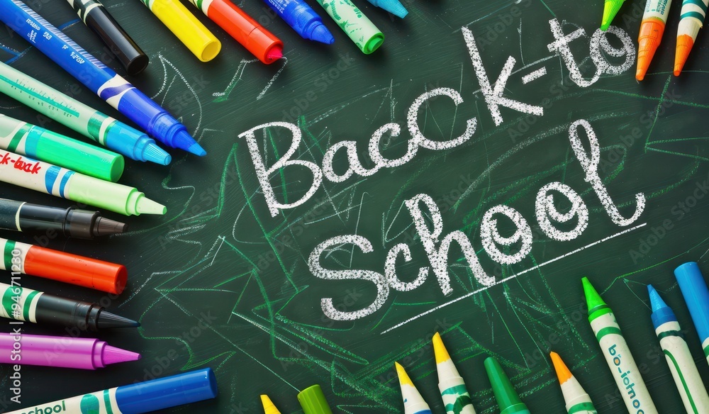 Mint green chalkboard, assorted crayons and markers, back-to-school written in artistic white chalk Social media banner