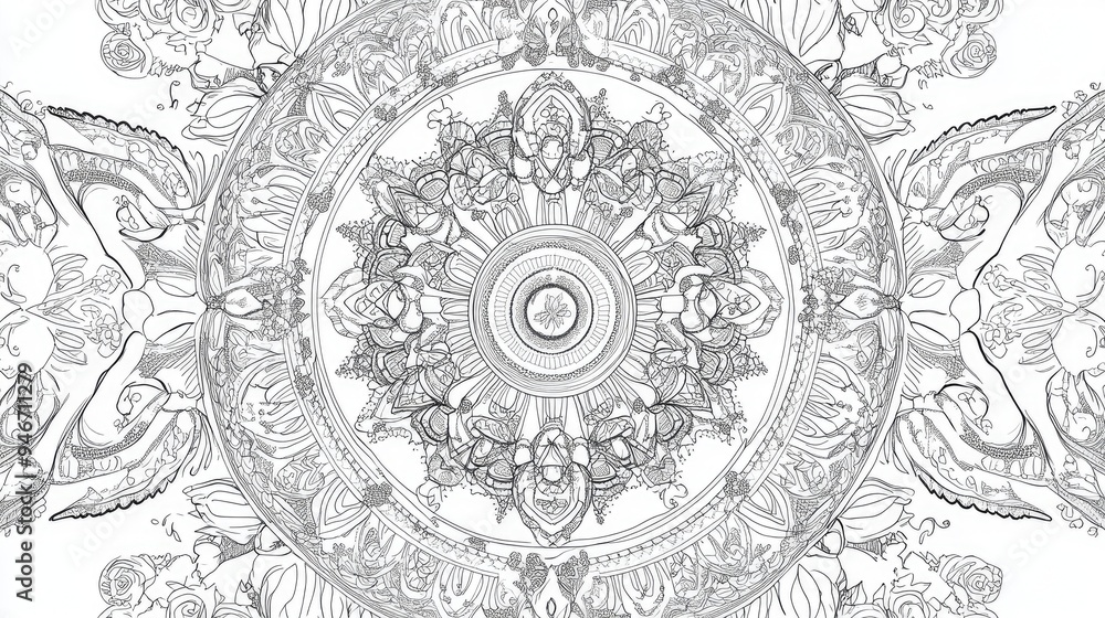 Circular mandala pattern featuring intricate designs on a white background suitable for coloring books tattoos and decorative elements in various art projects Circular mandala pattern featuring intricate designs on a white background suitable for coloring books tattoos and decorative elements in various art projects