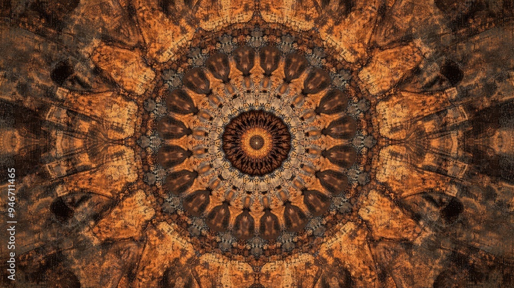 Brown kaleidoscopic design featuring a repetitive pattern created as an artistic grunge mandala backdrop Brown kaleidoscopic design featuring a repetitive pattern created as an artistic grunge mandala backdrop