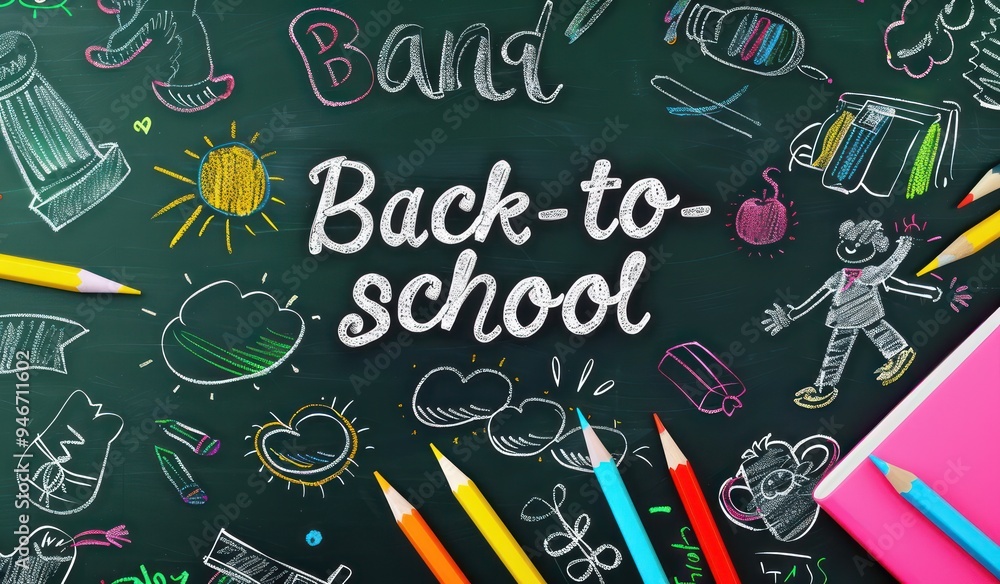 Moss green blackboard showcasing colorful chalk drawings and pencil doodles with Back-to-school text in flat lay style Moss green blackboard showcasing colorful chalk drawings and pencil doodles with Back-to-school text in flat lay style