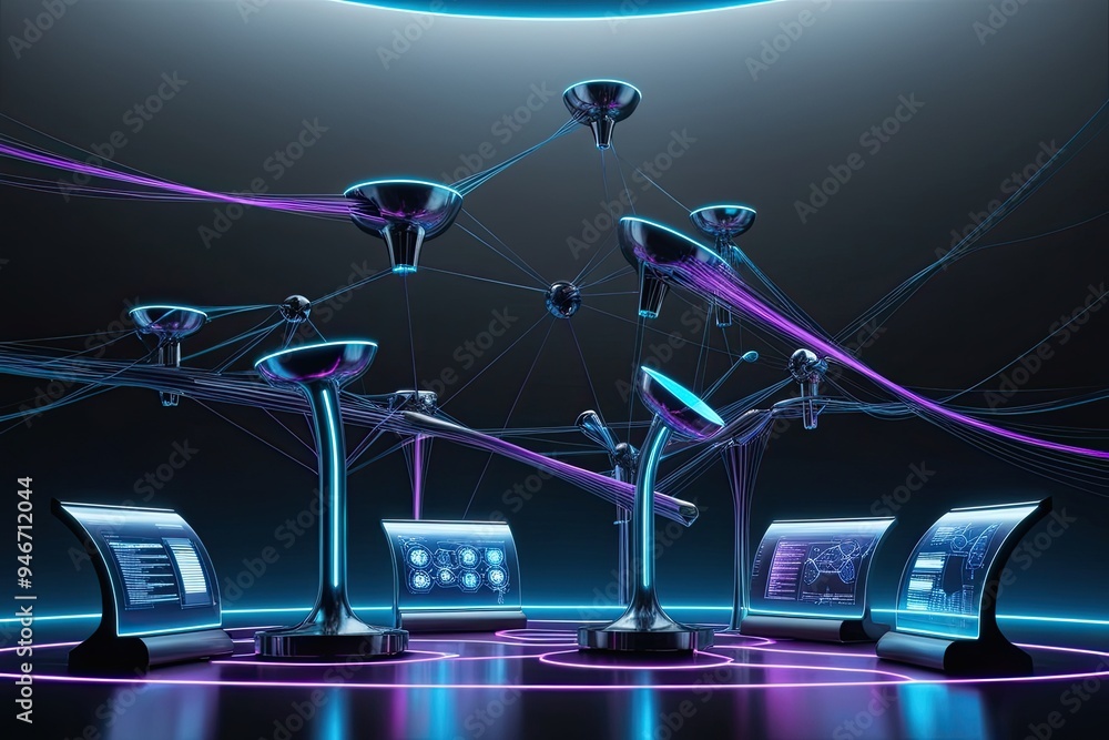 Fototapeta premium Futuristic High Contrast 3D Visualization of Technological Connections and Transformations with Neon Blue and Purple Lights