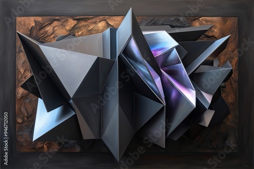 Futuristic Architectural Forms in Charcoal Background with Metallic Surfaces and Depthful Textures photo