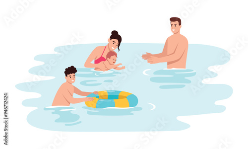 Vector illustration of a happy family swimming in the sea. Cartoon scene of smiling husband and wife with baby and son with inflatable circle floating in water isolated on white background. Vacation.