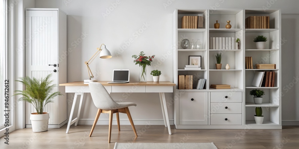 Modern Minimalist Home Office with White Desk and Bookshelf, Home Office Design, Interior Design, Minimalism, Bookcase, Decor Modern Minimalist Home Office with White Desk and Bookshelf, Home Office Design, Interior Design, Minimalism, Bookcase, Decor