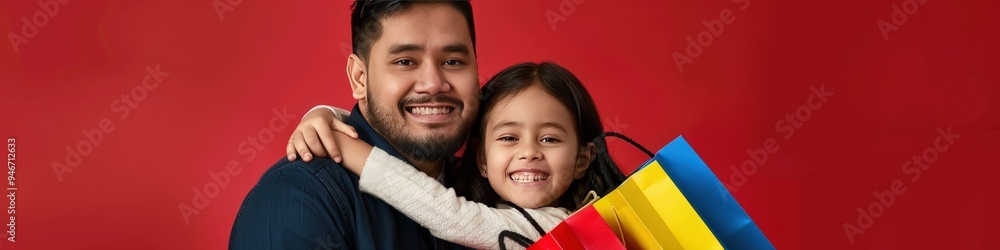 Studio portrait of father and daughter, shopping bags, red background, sale promotion, happy family photo, smiling. Studio portrait of father and daughter, shopping bags, red background, sale promotion, happy family photo, smiling.