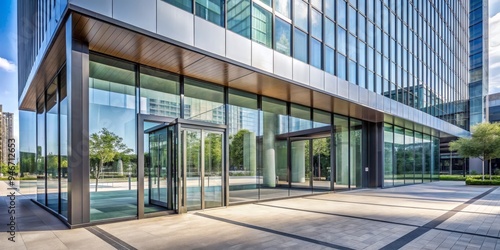 Modern Office Building Entrance with Glass Walls, Wide Shot, Glass Doors, Modern Architecture, Skyscrapers, Cityscape, Business photo