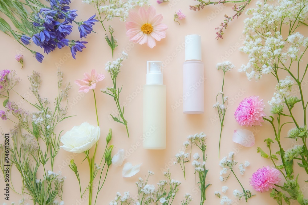 Pastel flowers surround neatly arranged cosmetic products, highlighting a theme of natural purity and calming beauty. Generative AI Pastel flowers surround neatly arranged cosmetic products, highlighting a theme of natural purity and calming beauty. Generative AI