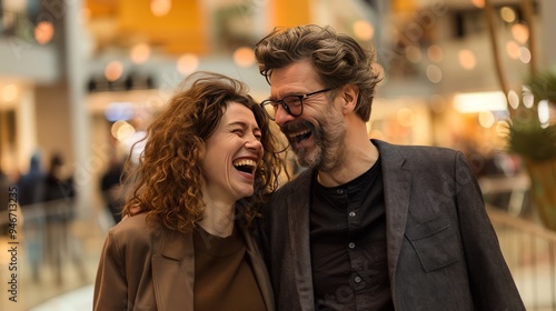 Stylish couple, brown curly hair, man with glasses, walking and laughing in the mall, happy shopping day.